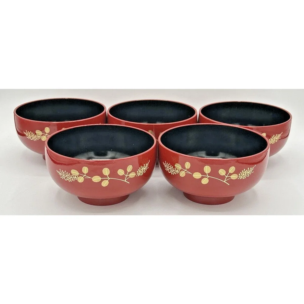 Vintage Japanese‎ Lacquered Bowls Red Painted Set of 5 U133